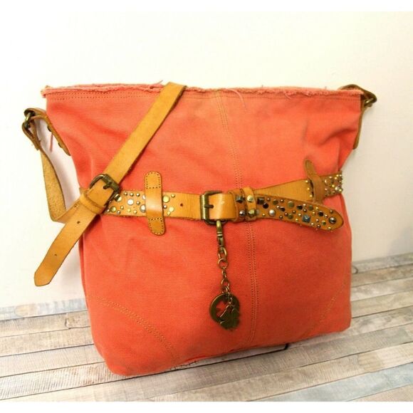 ROOMY LUCKY BRAND PINK CANVAS GENUINE LEATHER BELTED TOTE BOOK BAG SHOULDER BAG - Picture 2 of 9